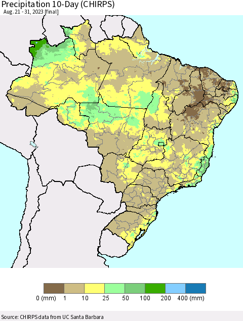 Brazil Precipitation 10-Day (CHIRPS) Thematic Map For 8/21/2023 - 8/31/2023