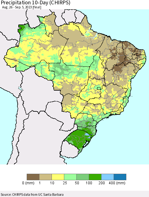 Brazil Precipitation 10-Day (CHIRPS) Thematic Map For 8/26/2023 - 9/5/2023