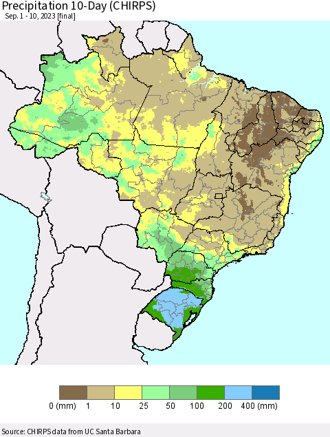 Brazil Precipitation 10-Day (CHIRPS) Thematic Map For 9/1/2023 - 9/10/2023