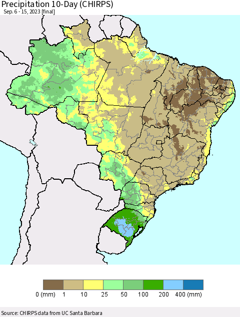 Brazil Precipitation 10-Day (CHIRPS) Thematic Map For 9/6/2023 - 9/15/2023