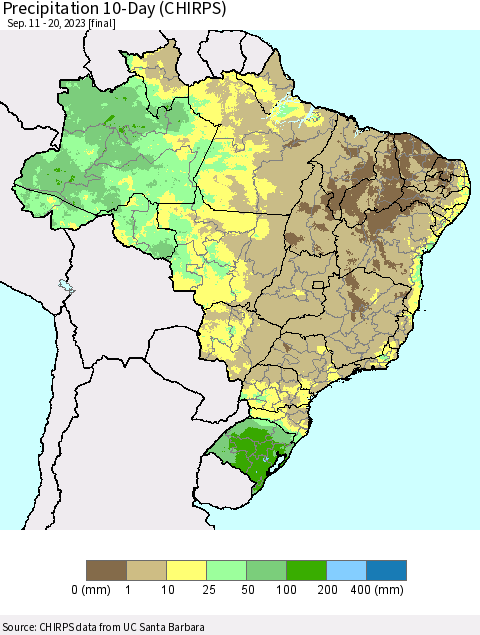 Brazil Precipitation 10-Day (CHIRPS) Thematic Map For 9/11/2023 - 9/20/2023