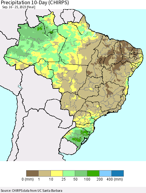 Brazil Precipitation 10-Day (CHIRPS) Thematic Map For 9/16/2023 - 9/25/2023
