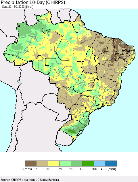 Brazil Precipitation 10-Day (CHIRPS) Thematic Map For 9/21/2023 - 9/30/2023