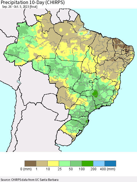 Brazil Precipitation 10-Day (CHIRPS) Thematic Map For 9/26/2023 - 10/5/2023