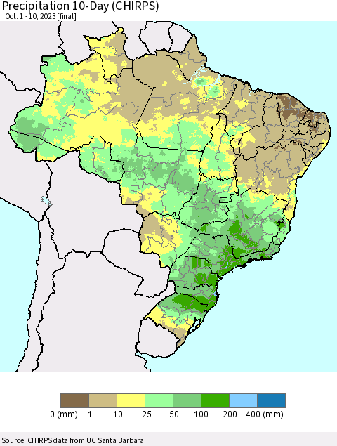 Brazil Precipitation 10-Day (CHIRPS) Thematic Map For 10/1/2023 - 10/10/2023