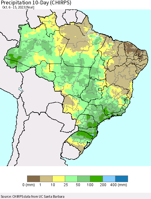 Brazil Precipitation 10-Day (CHIRPS) Thematic Map For 10/6/2023 - 10/15/2023