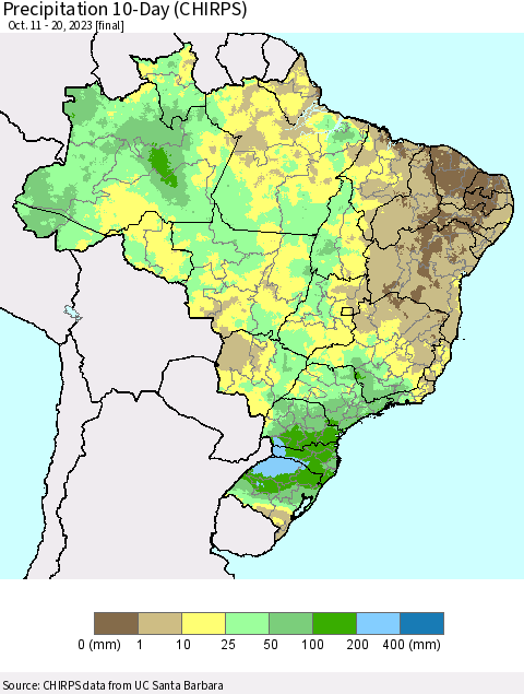 Brazil Precipitation 10-Day (CHIRPS) Thematic Map For 10/11/2023 - 10/20/2023