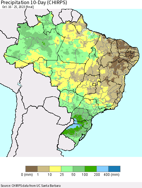Brazil Precipitation 10-Day (CHIRPS) Thematic Map For 10/16/2023 - 10/25/2023