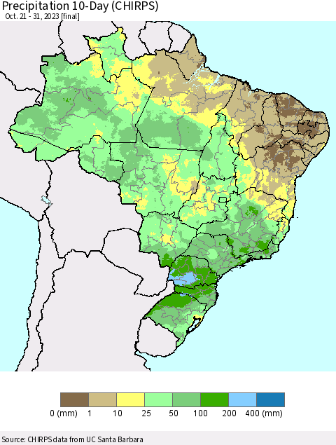 Brazil Precipitation 10-Day (CHIRPS) Thematic Map For 10/21/2023 - 10/31/2023