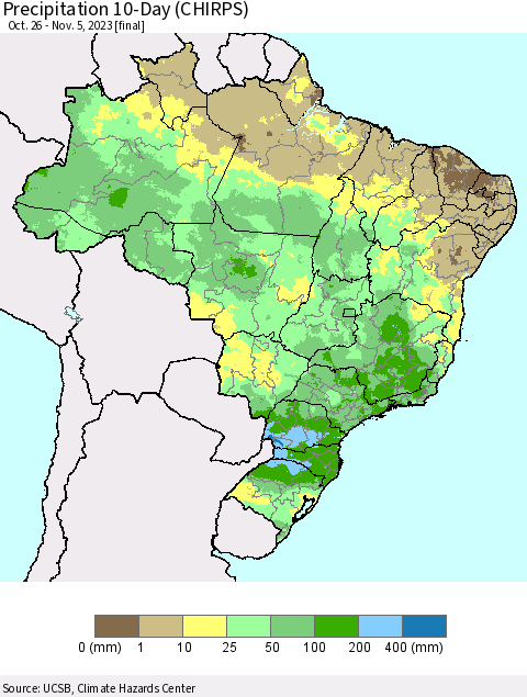 Brazil Precipitation 10-Day (CHIRPS) Thematic Map For 10/26/2023 - 11/5/2023
