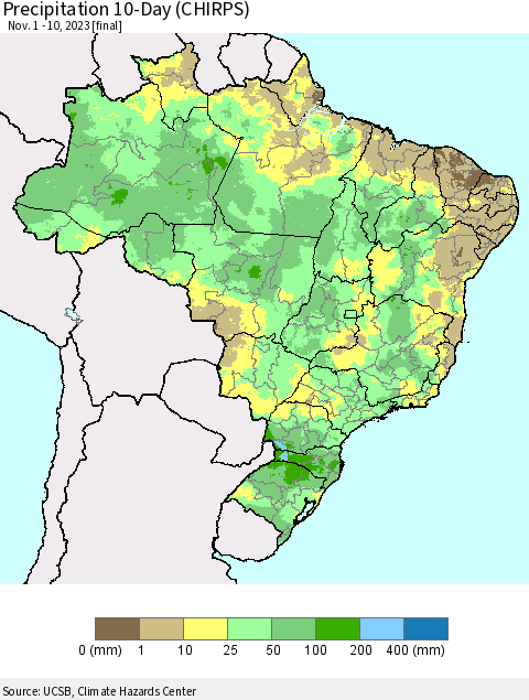 Brazil Precipitation 10-Day (CHIRPS) Thematic Map For 11/1/2023 - 11/10/2023