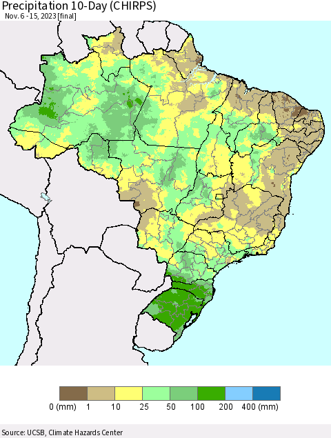 Brazil Precipitation 10-Day (CHIRPS) Thematic Map For 11/6/2023 - 11/15/2023