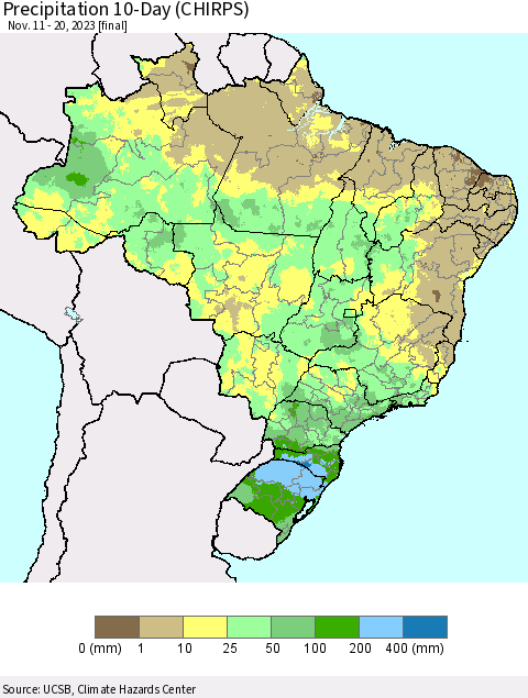 Brazil Precipitation 10-Day (CHIRPS) Thematic Map For 11/11/2023 - 11/20/2023