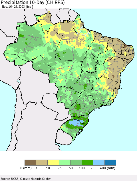 Brazil Precipitation 10-Day (CHIRPS) Thematic Map For 11/16/2023 - 11/25/2023
