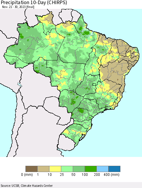 Brazil Precipitation 10-Day (CHIRPS) Thematic Map For 11/21/2023 - 11/30/2023
