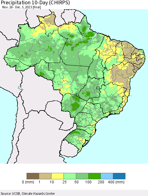 Brazil Precipitation 10-Day (CHIRPS) Thematic Map For 11/26/2023 - 12/5/2023
