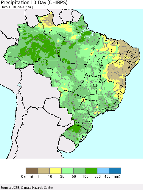 Brazil Precipitation 10-Day (CHIRPS) Thematic Map For 12/1/2023 - 12/10/2023