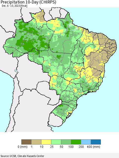 Brazil Precipitation 10-Day (CHIRPS) Thematic Map For 12/6/2023 - 12/15/2023