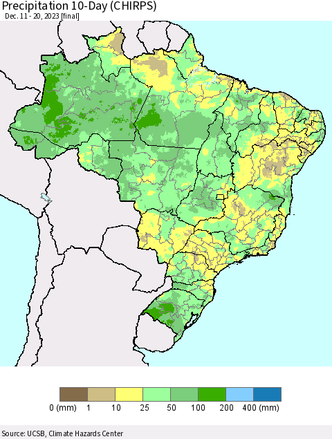 Brazil Precipitation 10-Day (CHIRPS) Thematic Map For 12/11/2023 - 12/20/2023