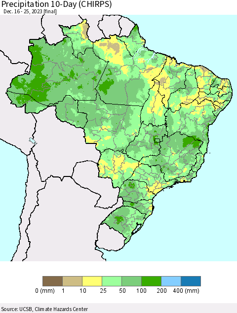 Brazil Precipitation 10-Day (CHIRPS) Thematic Map For 12/16/2023 - 12/25/2023
