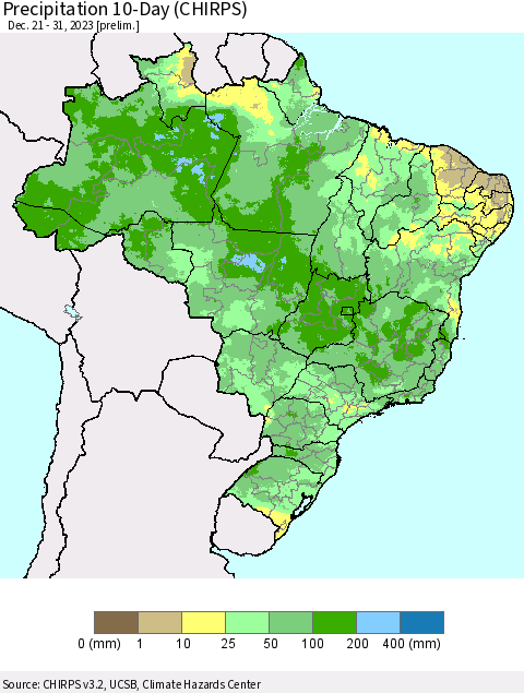 Brazil Precipitation 10-Day (CHIRPS) Thematic Map For 12/21/2023 - 12/31/2023