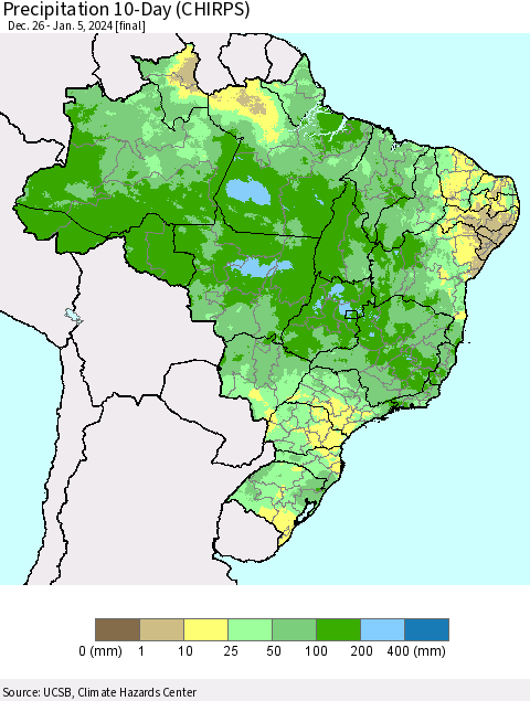 Brazil Precipitation 10-Day (CHIRPS) Thematic Map For 12/26/2023 - 1/5/2024