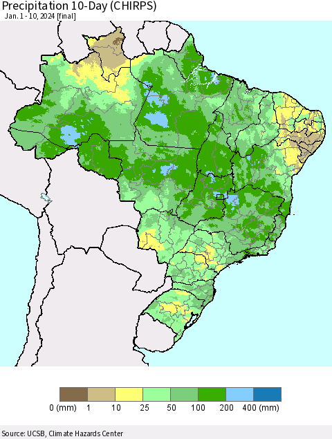 Brazil Precipitation 10-Day (CHIRPS) Thematic Map For 1/1/2024 - 1/10/2024