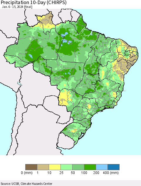 Brazil Precipitation 10-Day (CHIRPS) Thematic Map For 1/6/2024 - 1/15/2024
