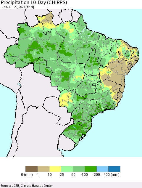 Brazil Precipitation 10-Day (CHIRPS) Thematic Map For 1/11/2024 - 1/20/2024