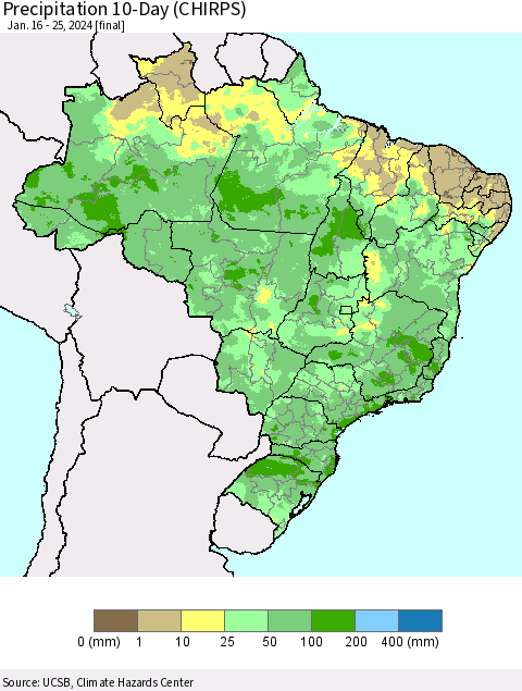 Brazil Precipitation 10-Day (CHIRPS) Thematic Map For 1/16/2024 - 1/25/2024