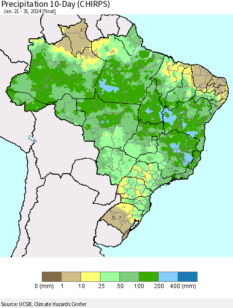 Brazil Precipitation 10-Day (CHIRPS) Thematic Map For 1/21/2024 - 1/31/2024