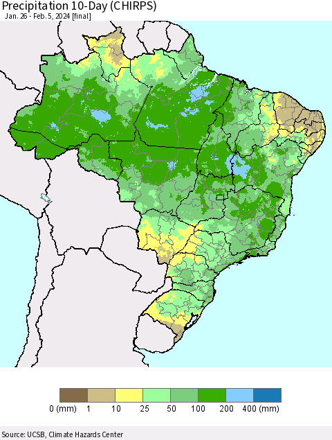 Brazil Precipitation 10-Day (CHIRPS) Thematic Map For 1/26/2024 - 2/5/2024