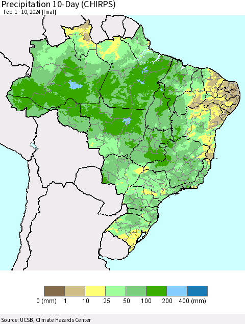 Brazil Precipitation 10-Day (CHIRPS) Thematic Map For 2/1/2024 - 2/10/2024