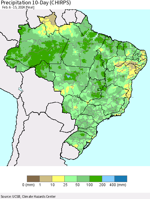 Brazil Precipitation 10-Day (CHIRPS) Thematic Map For 2/6/2024 - 2/15/2024