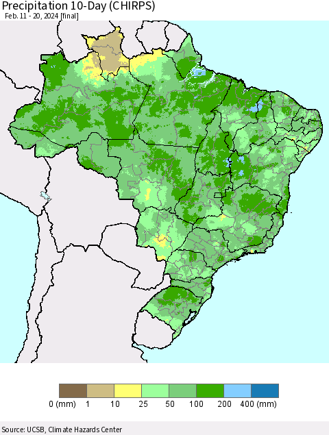 Brazil Precipitation 10-Day (CHIRPS) Thematic Map For 2/11/2024 - 2/20/2024