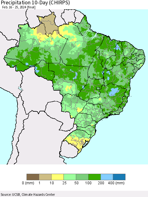 Brazil Precipitation 10-Day (CHIRPS) Thematic Map For 2/16/2024 - 2/25/2024