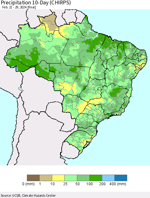 Brazil Precipitation 10-Day (CHIRPS) Thematic Map For 2/21/2024 - 2/29/2024