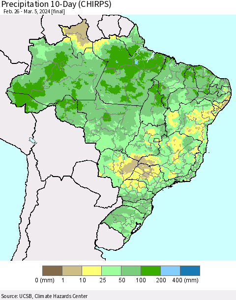 Brazil Precipitation 10-Day (CHIRPS) Thematic Map For 2/26/2024 - 3/5/2024