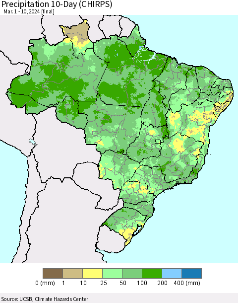 Brazil Precipitation 10-Day (CHIRPS) Thematic Map For 3/1/2024 - 3/10/2024