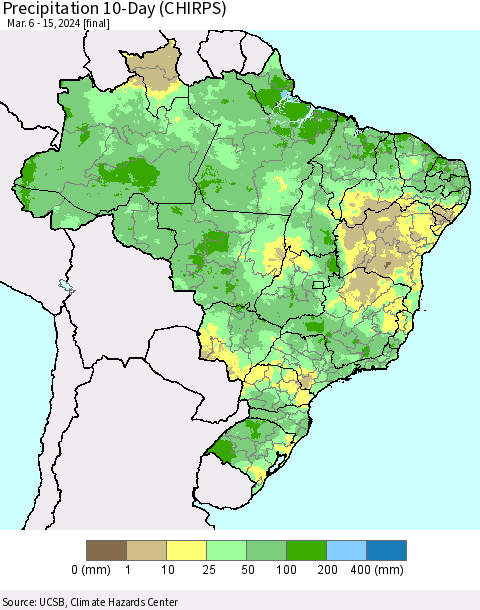 Brazil Precipitation 10-Day (CHIRPS) Thematic Map For 3/6/2024 - 3/15/2024