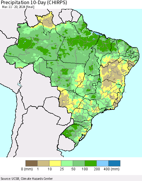 Brazil Precipitation 10-Day (CHIRPS) Thematic Map For 3/11/2024 - 3/20/2024