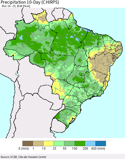 Brazil Precipitation 10-Day (CHIRPS) Thematic Map For 3/16/2024 - 3/25/2024