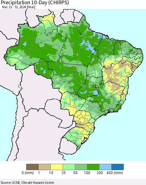Brazil Precipitation 10-Day (CHIRPS) Thematic Map For 3/21/2024 - 3/31/2024