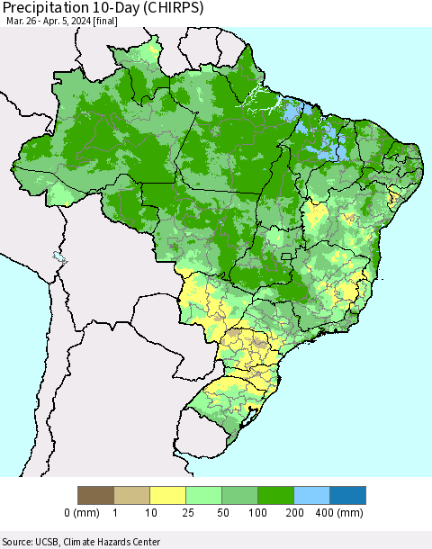 Brazil Precipitation 10-Day (CHIRPS) Thematic Map For 3/26/2024 - 4/5/2024