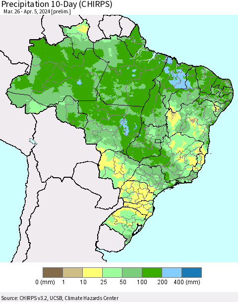 Brazil Precipitation 10-Day (CHIRPS) Thematic Map For 3/26/2024 - 4/5/2024