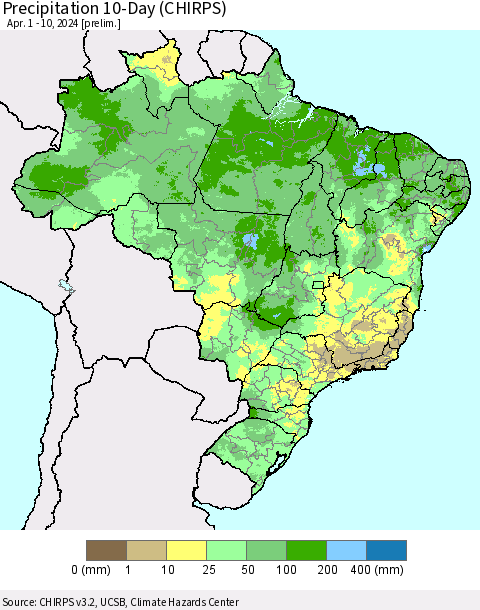 Brazil Precipitation 10-Day (CHIRPS) Thematic Map For 4/1/2024 - 4/10/2024