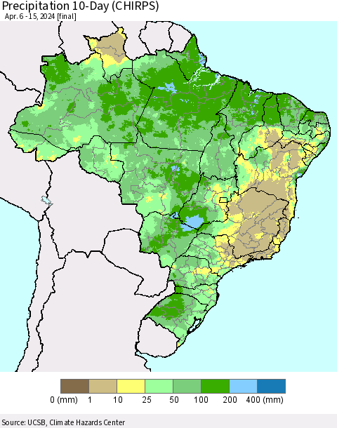 Brazil Precipitation 10-Day (CHIRPS) Thematic Map For 4/6/2024 - 4/15/2024