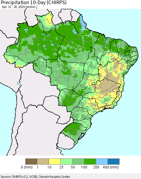 Brazil Precipitation 10-Day (CHIRPS) Thematic Map For 4/11/2024 - 4/20/2024