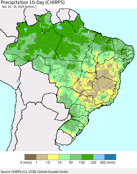 Brazil Precipitation 10-Day (CHIRPS) Thematic Map For 4/16/2024 - 4/25/2024