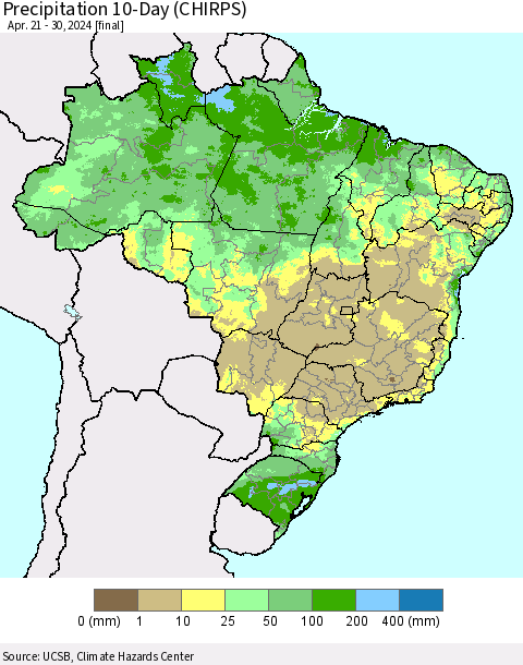 Brazil Precipitation 10-Day (CHIRPS) Thematic Map For 4/21/2024 - 4/30/2024